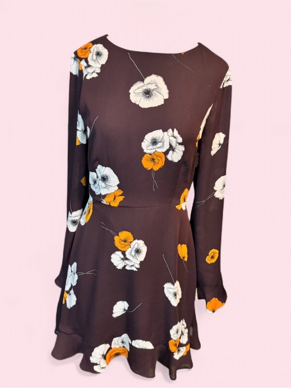 cupcakes & cashmere Brown Floral Long-Sleeve Fit-and-Flare Dress open back sz 4
